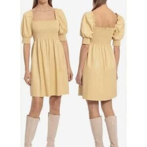 7 For All Mankind Butter Yellow Faux Leather Puff Sleeve Smocked Dress L